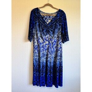 Chris McLaughlin Women's Blue Floral A Line Midi Dress 3/4 Sleeve V Neck 18W